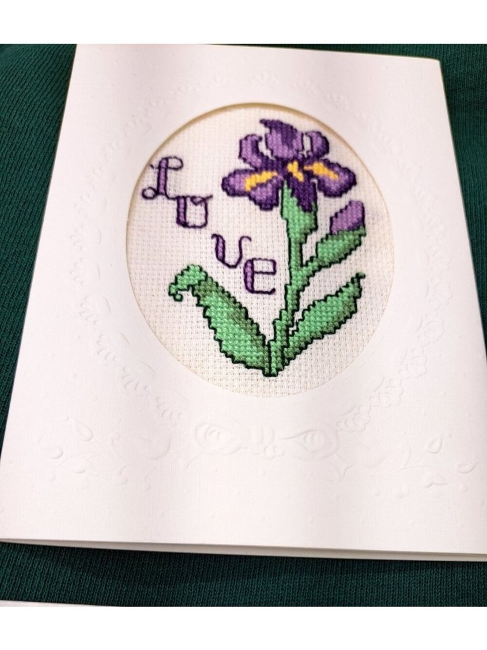 Vintage Handmade Card Counted Cross-Stitch Iris Embossed 2062 Love With Envelope - Picture 4 of 9